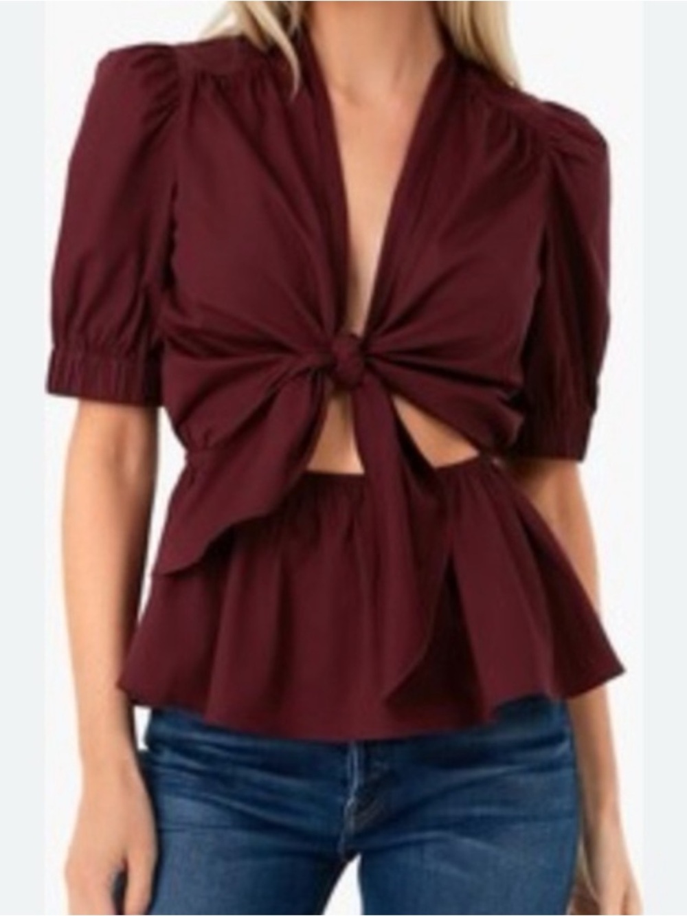 Hyacinth House Piper Tie Front Blouse in Burgundy Size XS